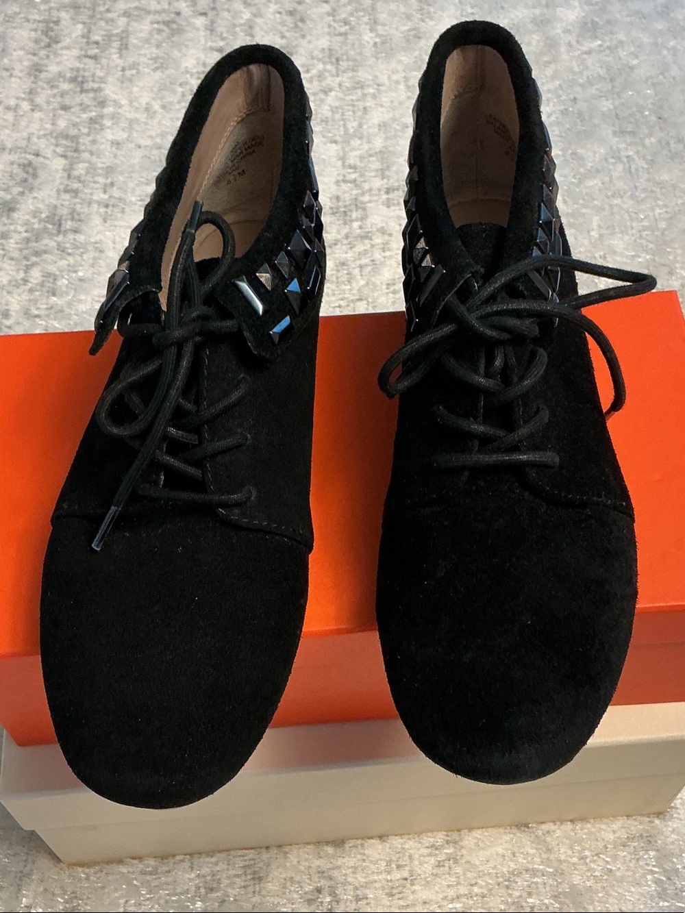 RACHEL Rachel Roy Black Suede Lace-Up Ankle Booties with Stud Detail